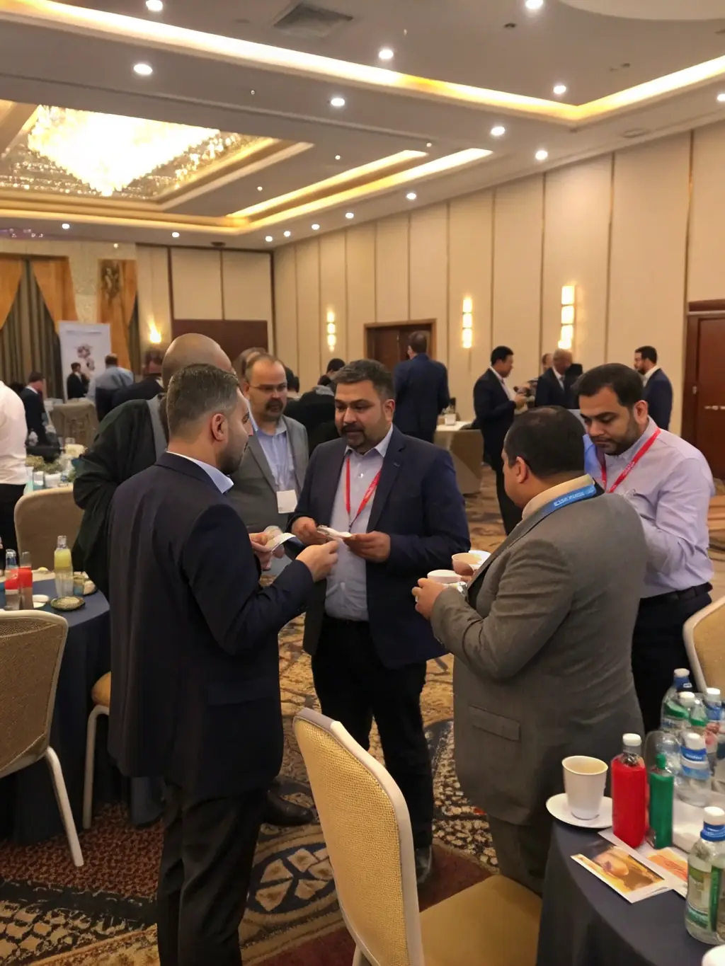 A vibrant image showcasing a networking session at a versionrh conference, with attendees actively engaging in discussions and exchanging business cards.